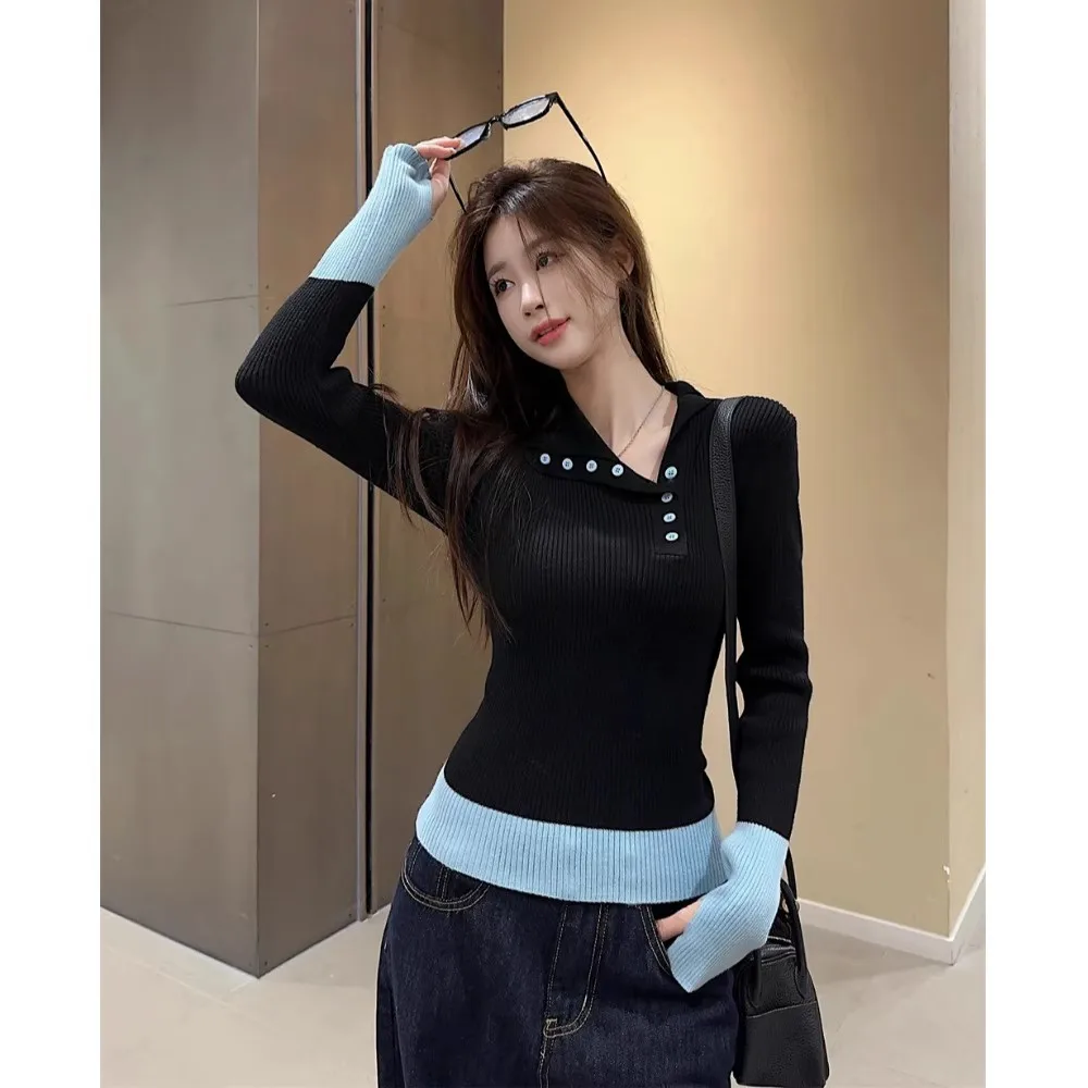 스몰 니치 디자인, 컬러 블록 스플라이싱, 대각선 라펠 니트 베이스 셔츠, 여성용 가을 슬림핏, 이너 긴팔 탑