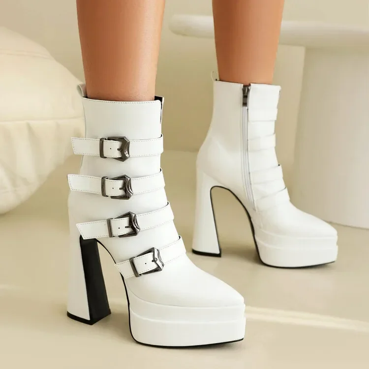 Punk Style Metal Belt Buckle Locomotive Boots Retro Pointed Super High Heel Zipper Large Size Sexy Women's Boots 34&44