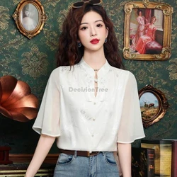 2024 new chinese style retro tang suit top hollow out pearl button tassel chiffon blouse elegant printing fairy lady party top