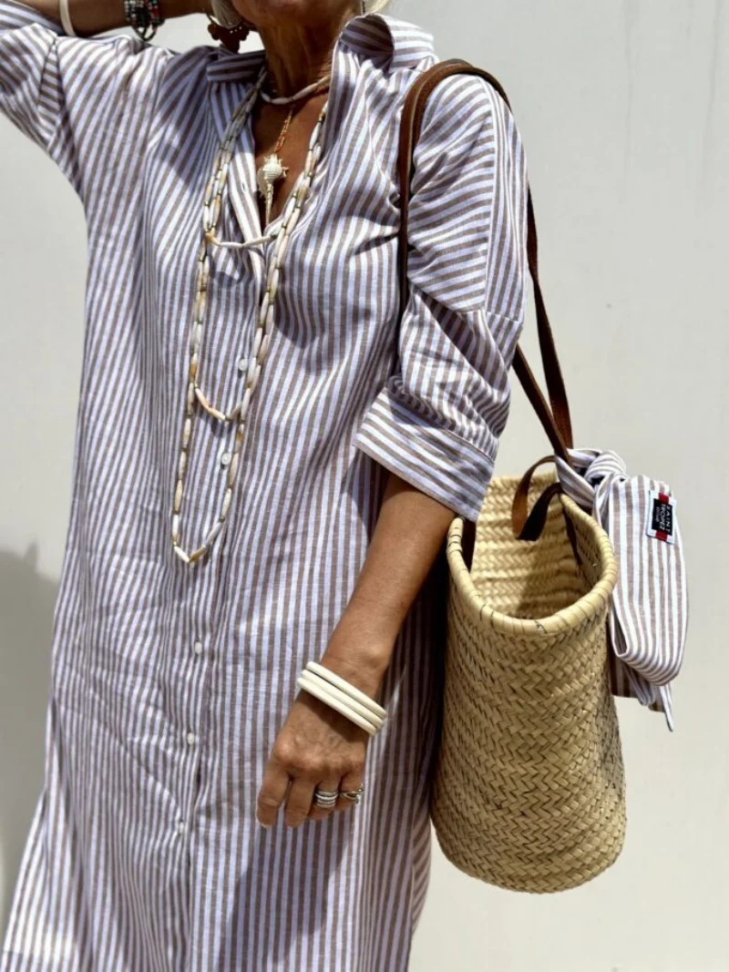 Robe mi-longue à manches mi-longues avec ceinture, chemise imprimée Splendor, bouton, été