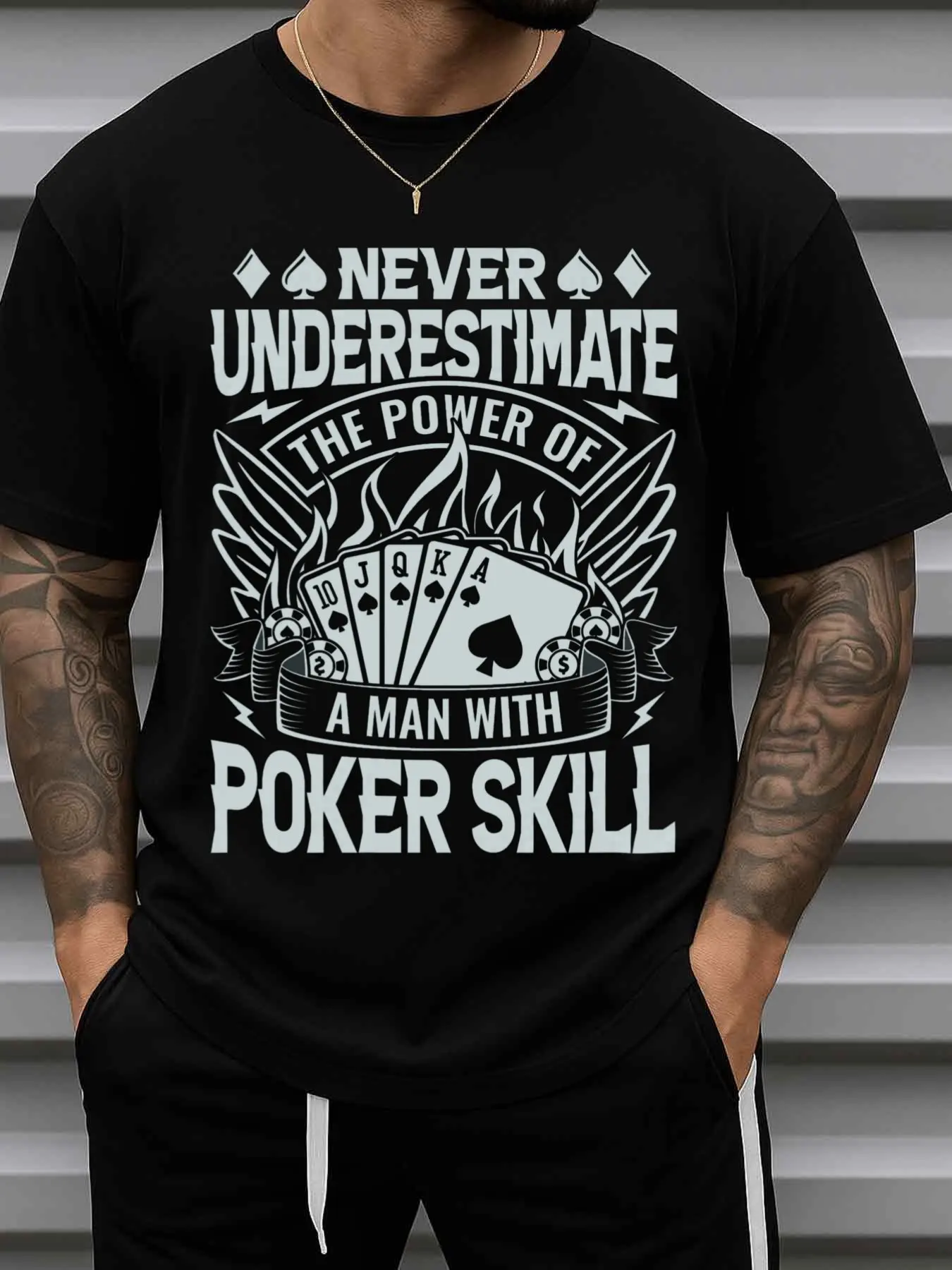 Men's Poker Power Fun T-Shirt - Pure Cotton Casual Loose Short Sleeve Round Neck Black Shirt with Poker Player and Deck of Cards Design - Poker Night Husband Christmas Humor Gift