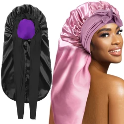 Women Silk Nightcap Suitable for All Hair Styles Large Long Satin Soft Hat for Protect Hair Stretchy Tie Band Sleep Cap Headband