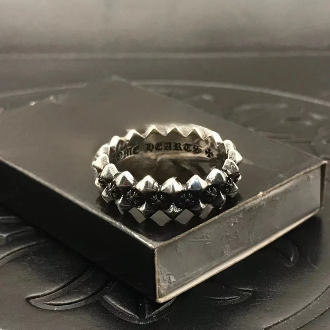 

S925 Sterling Silver Jewelry Ring Men's and Women's Rivets Cross Flower Ring Stacked with Thai Silver Vintage Hip Hop Punk
