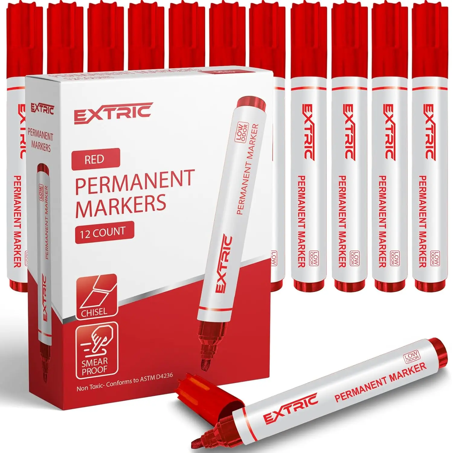 

Red Chisel Tip Permanent Markers, Quick Dry, Multi-Surface, 12-Pack for Home, Office, School
