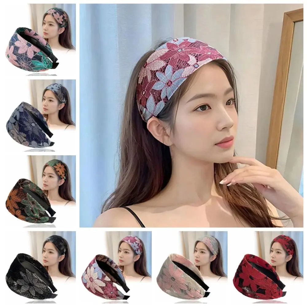 Diadema bordada de encaje de malla a la moda, diadema antideslizante con dientes de flores, diadema antideslizante ancha de primavera para mujer, aro para el pelo para lavar la cara