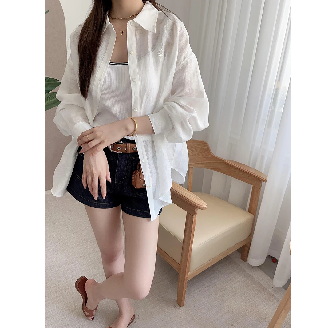 

Lightweight Linen Loose Fit Sun Protection irt Women's Summer Casual Button up Long Sve Classic Collar Versatile Sle