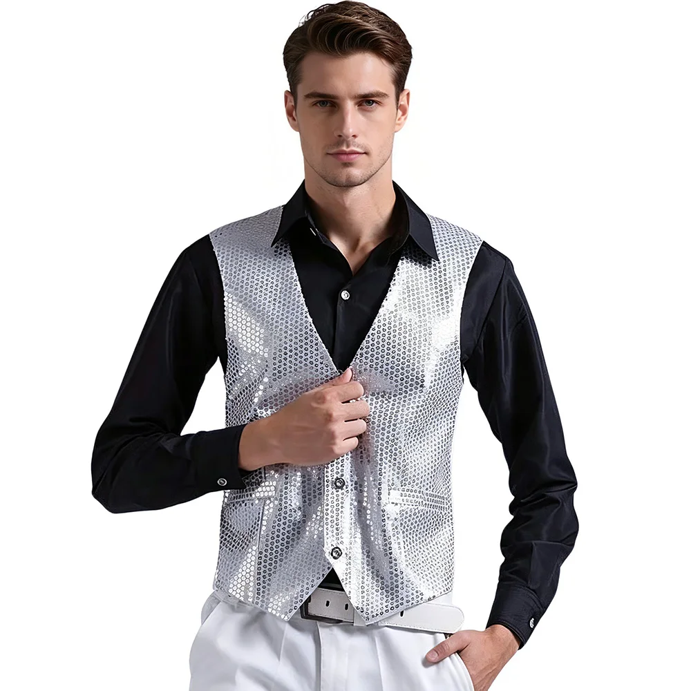 Fashion Men Shiny Sequins V Neck Vest Sleeveless Waistcoat for Party Wedding Singer Stage Performance Club Costume