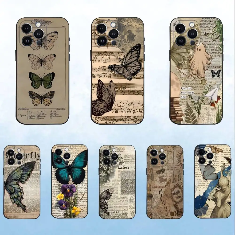 

INS Retro Butterfly Phone Case For iPhone 16,15,14,13,12,11 Plus,Pro Max,XS,X,XR,SE,Mini,8,7,Soft Silicone Black Cover