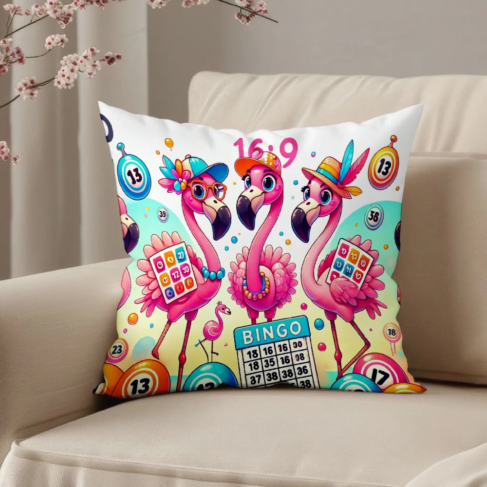 Square Throw Pillow Case White Background Pink Flamingo Bingo Game Pattern With Numbers And Balls For Living Room Sofa Bedroom H