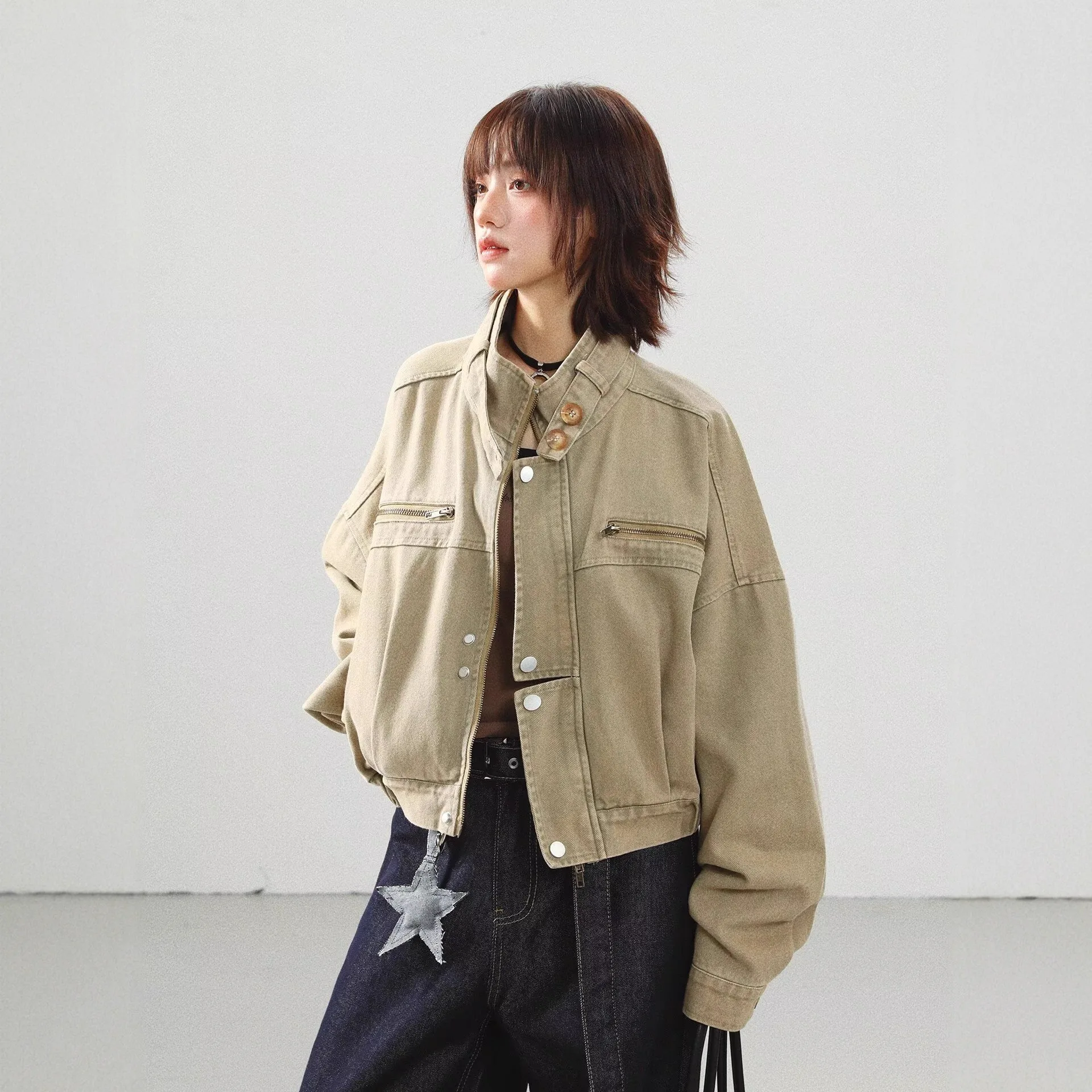 

Women's Washed Brown Biker Jacket 2026 New Spring American Retro Cargo Style Loose Slim Cropped Jacket Hot Girl Outwear