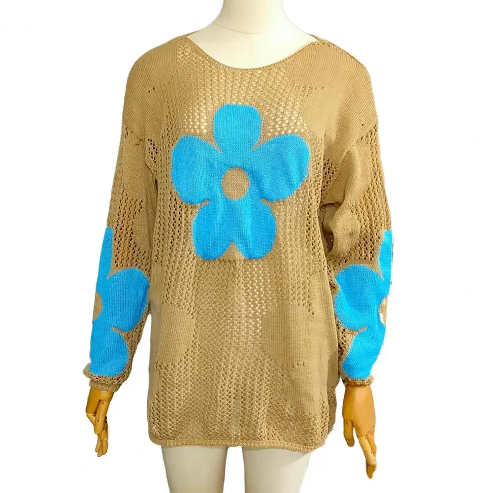 طباعة تصميم جوفاء الشاطئ التستر الأعلى الربيع النساء تريكو الخامس الرقبة طويلة الأكمام البلوز الحياكة القمم خفيفة الوزن متماسكة زهرة