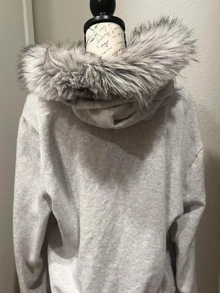 Korean Fur Patchwork Hooded Sweatshirts Vintage Y2k Aesthetic Grunge Letter Print Zippers Hoodies Women Coat Casual Gray Femme