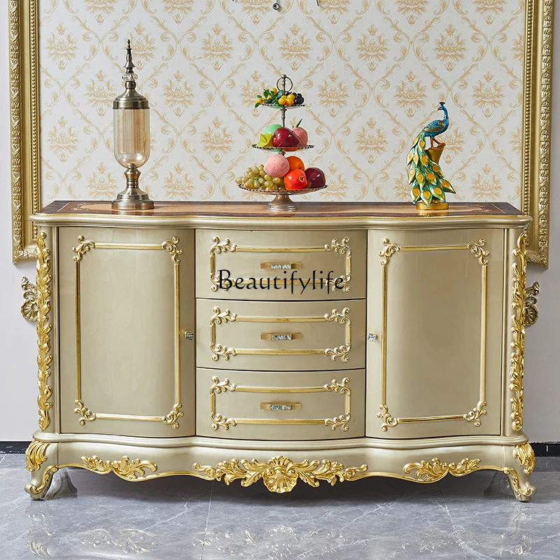 

European-style villa marble dining side cabinet parquet all solid wood wine cabinet