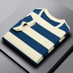 Brand men's exquisite printed short sleeved striped T-shirt summer new business casual silk cotton breathable casual T-shirt