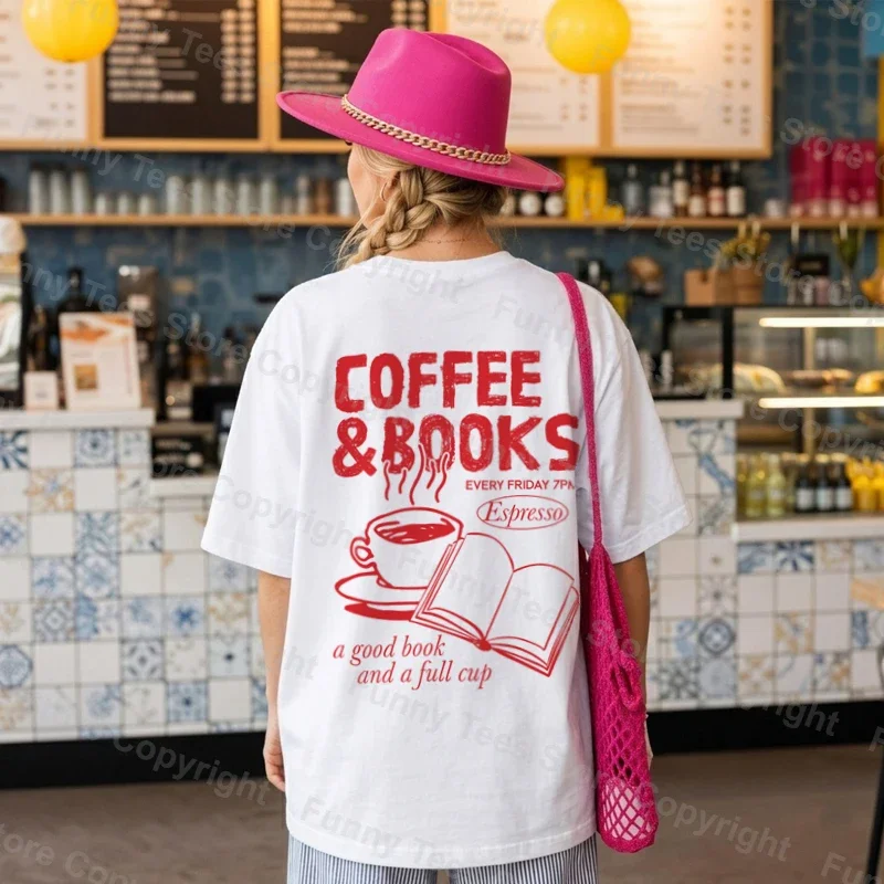 Camiseta Retro Coffee And Books para Amantes de Café e Livros, Camiseta Estética para Mulheres e Homens, Tops de Algodão com Estampa de Manga Curta, Presentes