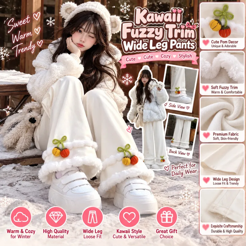 Embroidery Y2K Pants Women White Fleece Lined Wide, Leg Pants Cute Pumpkin Plush Loose Casual Trousers Autumn Winter Warm Pants