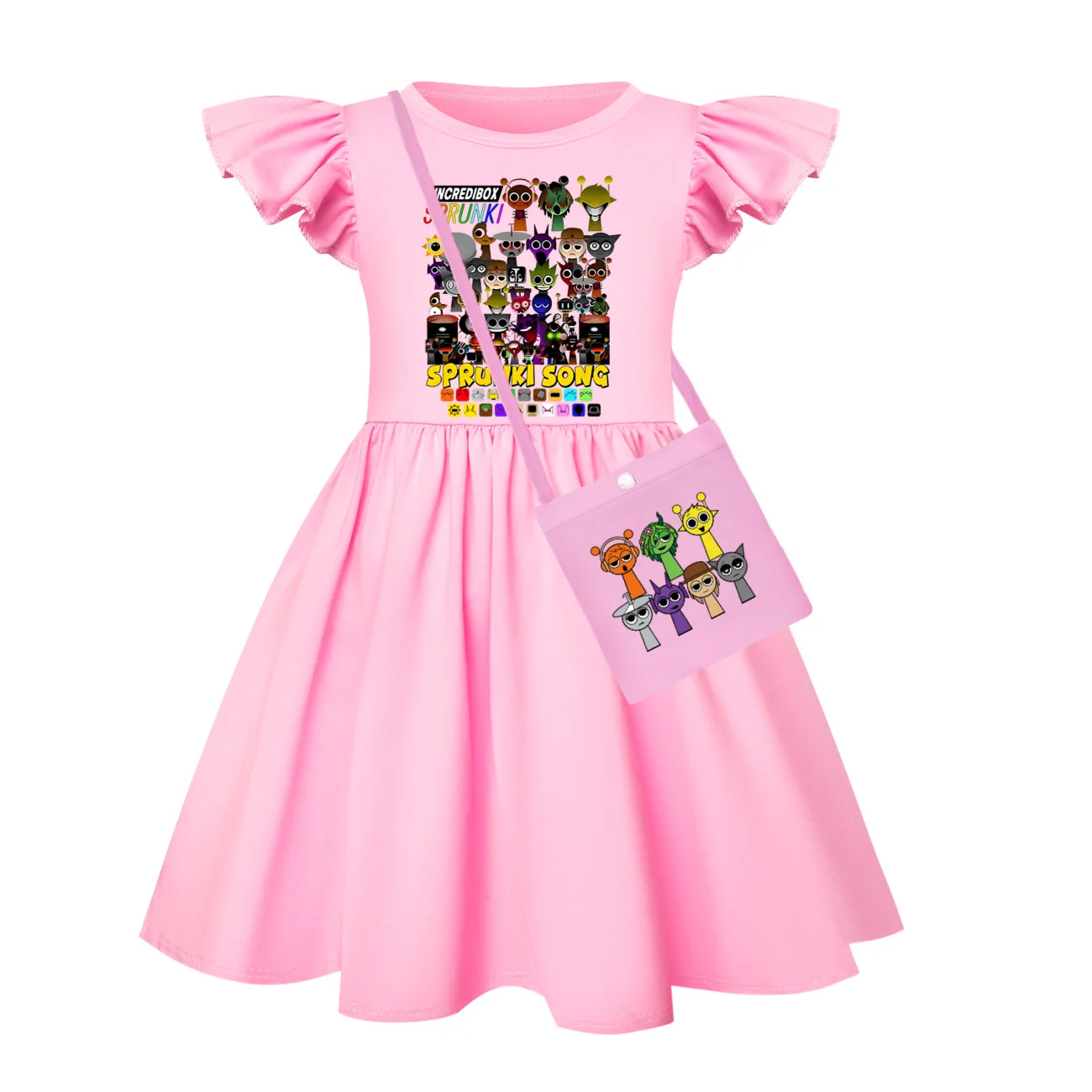 

2025 New Sprunki Dress Kids Game Sprunky Incredibox Dress Baby Girls Short Sleeve Casual Dresses with Bag Children Party Vestido