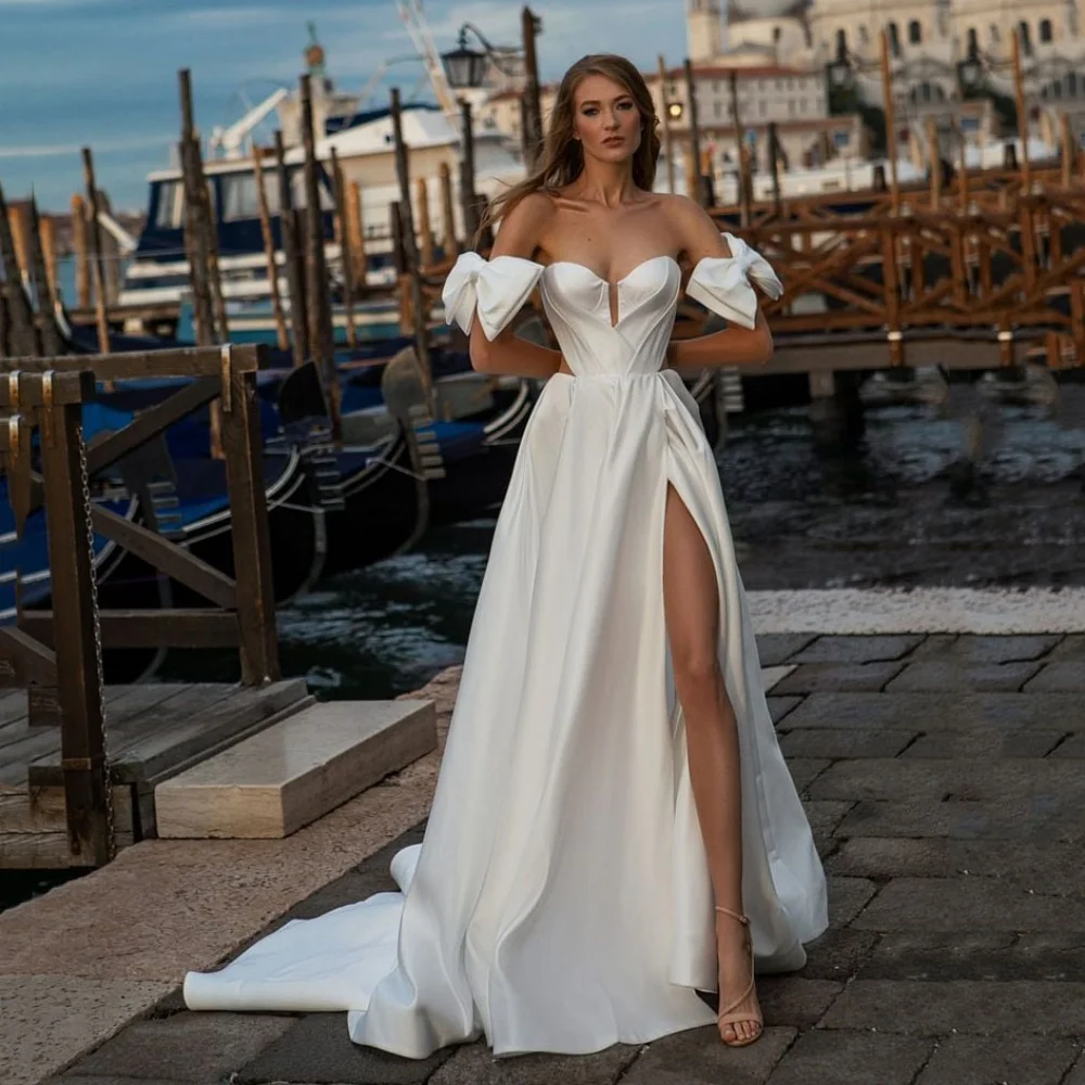 

Elegant Simple Wedding Dresses A Line Sleeveless Bride Robe Bow Sweetheart High Split Bridal Gown Vestido De Noiva