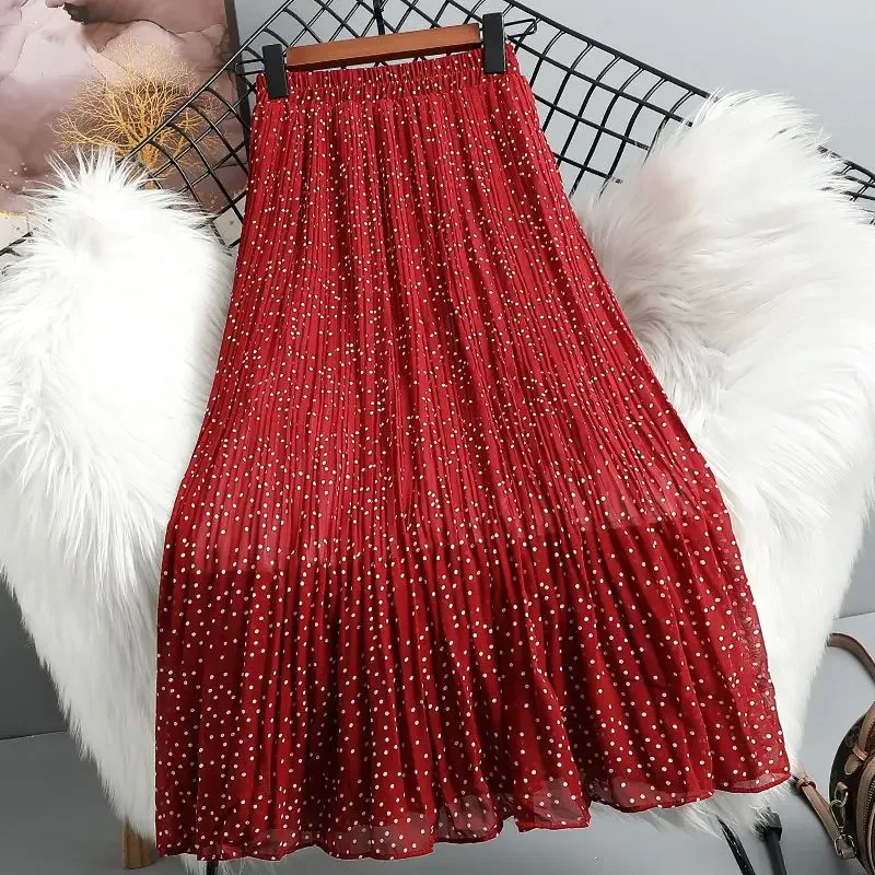 2025 Spring/Summer New Dot Half Skirt Women's Mid Length Half Skirt Pleated Skirt Without Lining