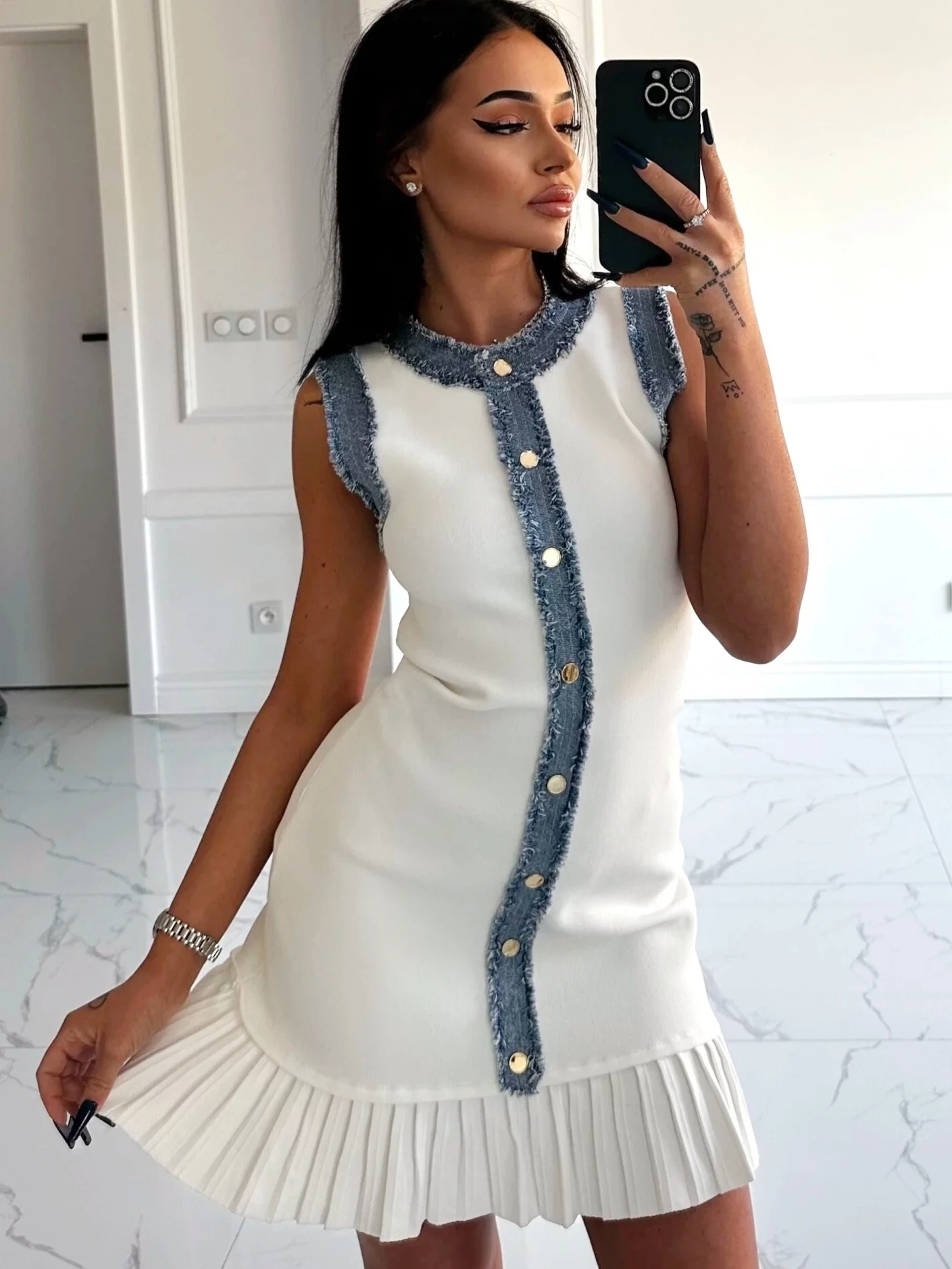 

Paris Luxury Brand Design Denim Sleeveless Button Mini Women Ruffle Chiffon Knit Dress Slim Fit Elegant Office Lady Clothing