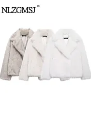 TRAF Winter Faux Fur Casual Jackets for Women Coats Thick Warm Soft Cropped Jakcets Vintage Long Sleeve Coat Outwears