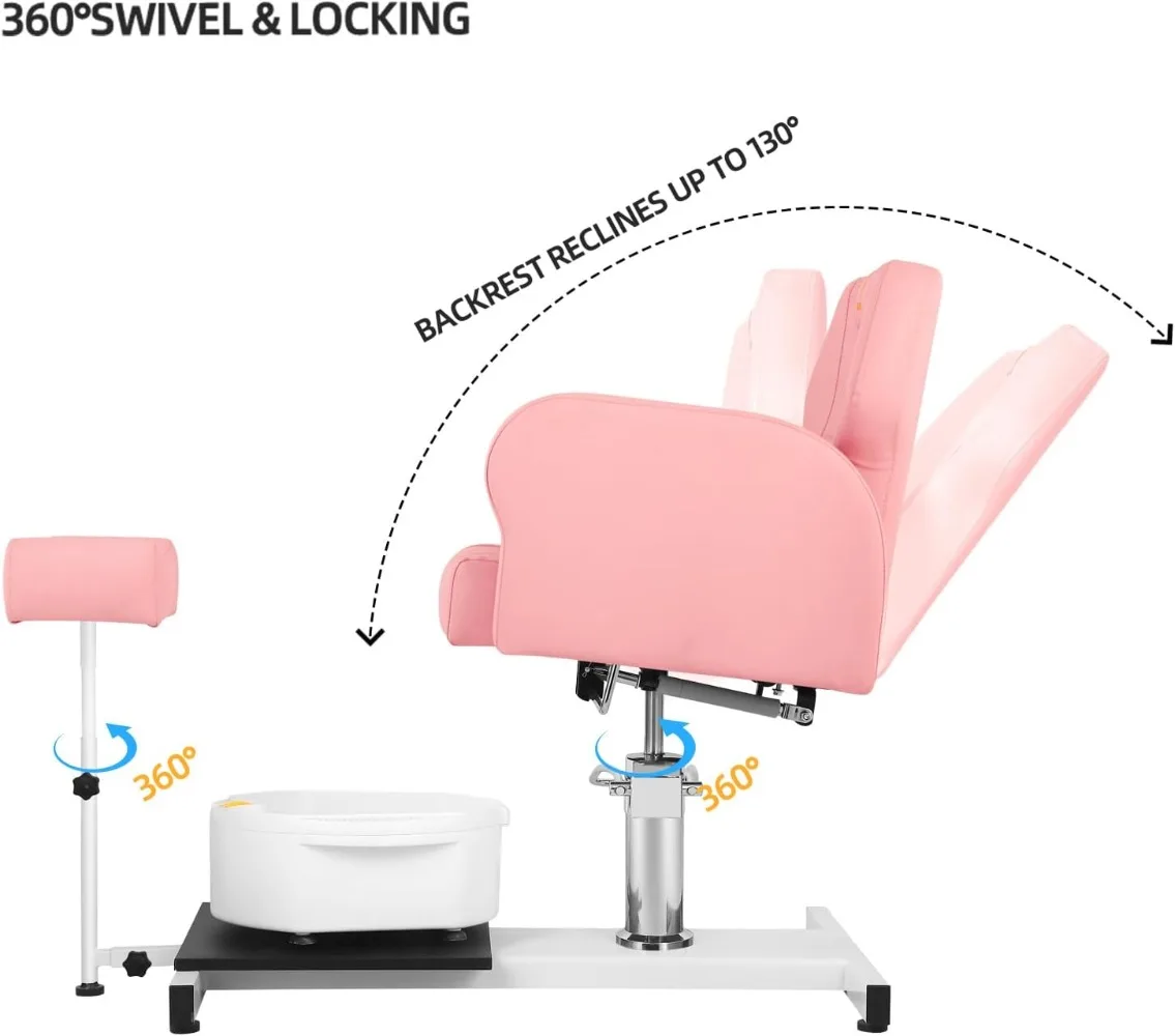 Reclining Pedicure Chair Station, 360° Rotation Hydraulic Adjustable Spa Pedicure Chair No Plumbing Unit Station with Foot Basin