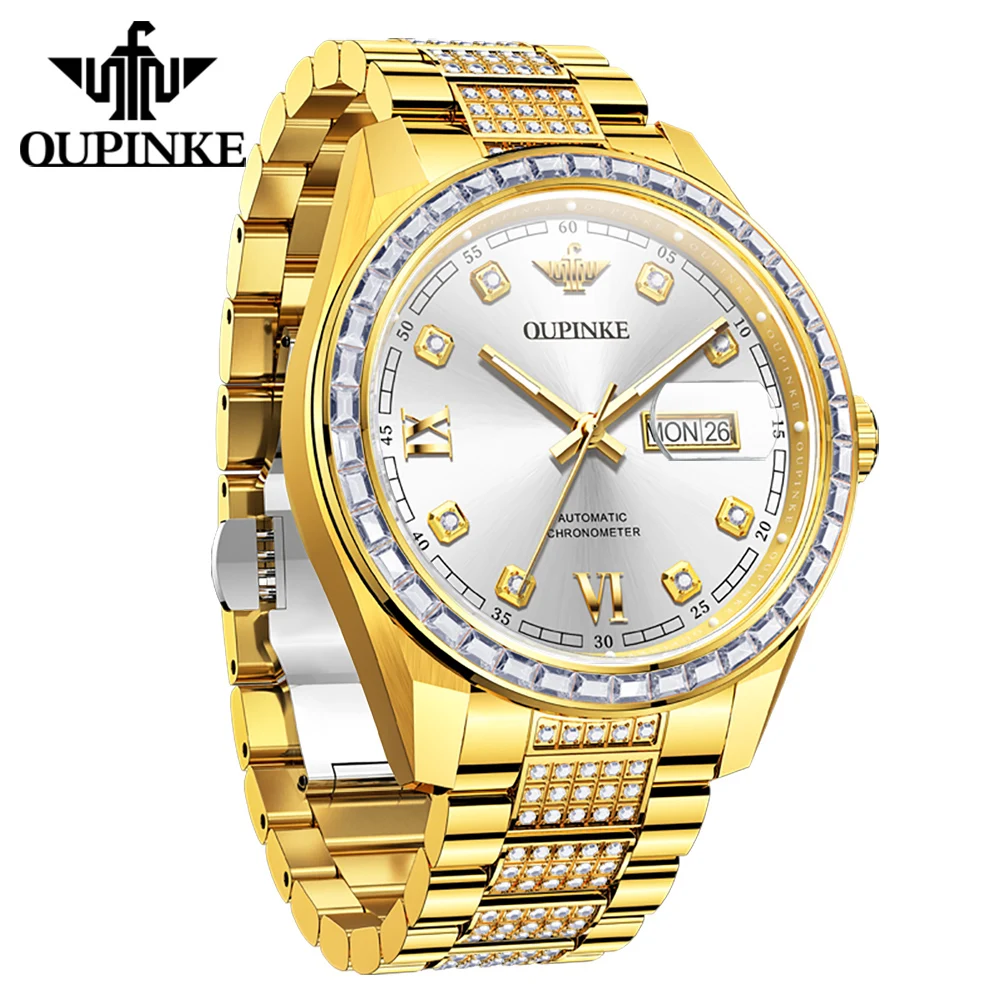 OUPINKE 3328 Fully Diamond Automatic Man Watch High-end Luxury Original Import Movement Business Mechanical Watches for Men NEW