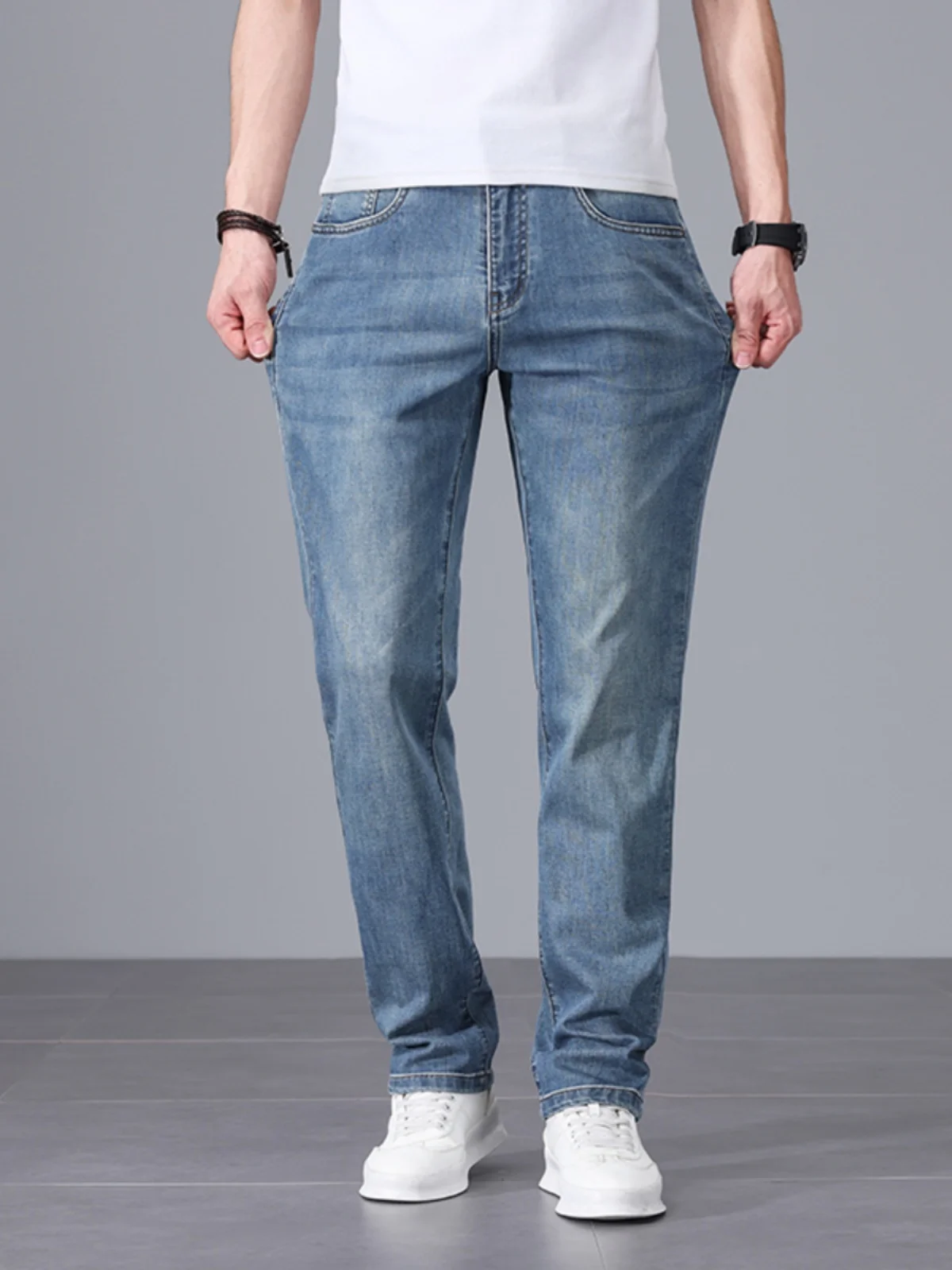 

High Quality Men's Slim Fit Jeans Casual Washed Thin Jeans Spring Summer Comfortable Elastic Straight Leg Long Pants