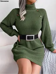 Donna dolcevita manica lunga maglione lavorato a maglia a coste vestito Pullover autunno inverno vestiti solido verde militare aderente Mini abito