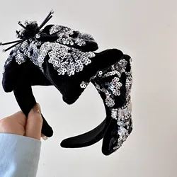 Luxury Baroque Handmade Sequin Big Flower Headbands Fashion Hair Accessories Party Shiny Hairband For Women Wedding