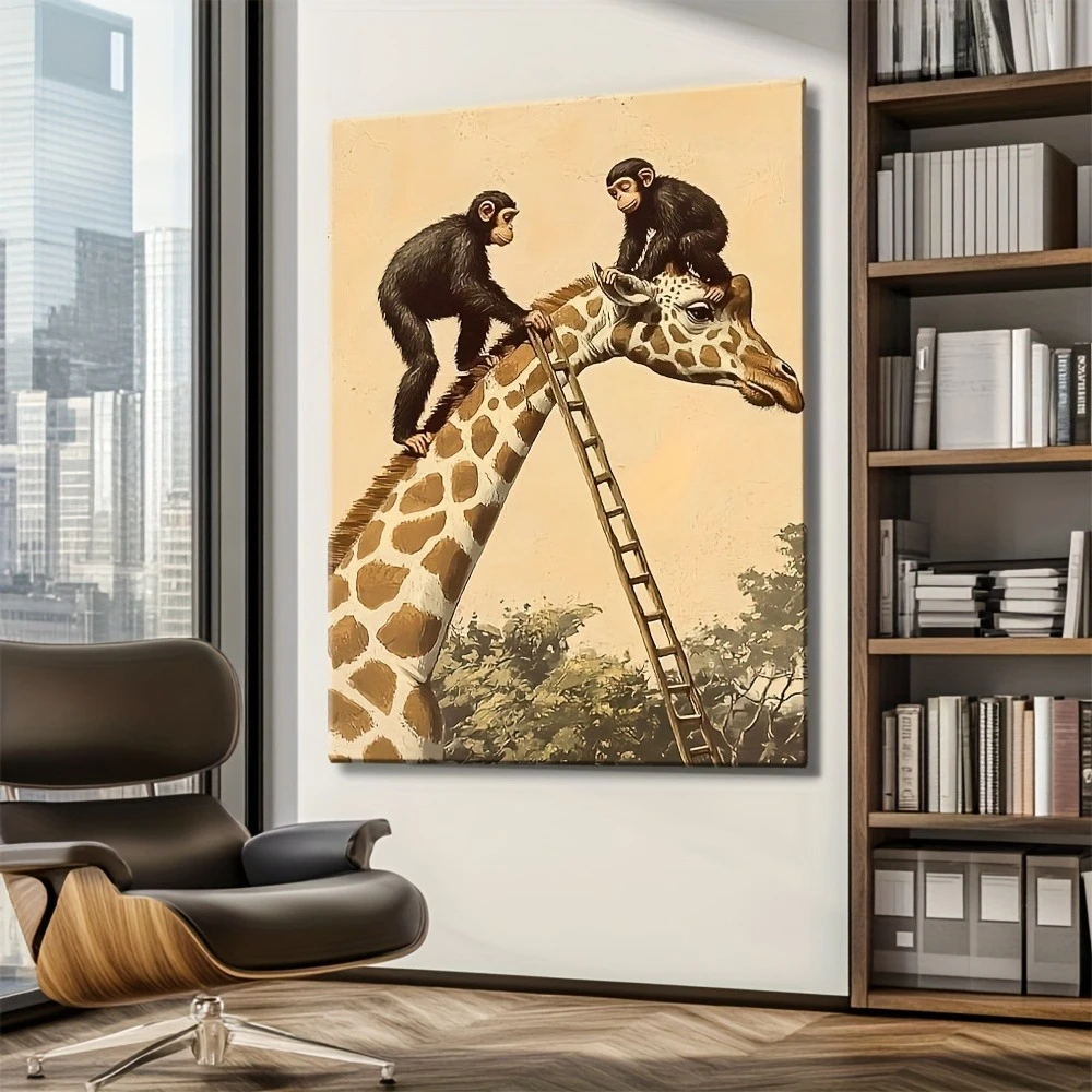 Large-sized frameless canvas paintings,Monkey Giraffe Ladder Climbingt Poster Prints Vintage Abstract Animal Art Canvas Painting
