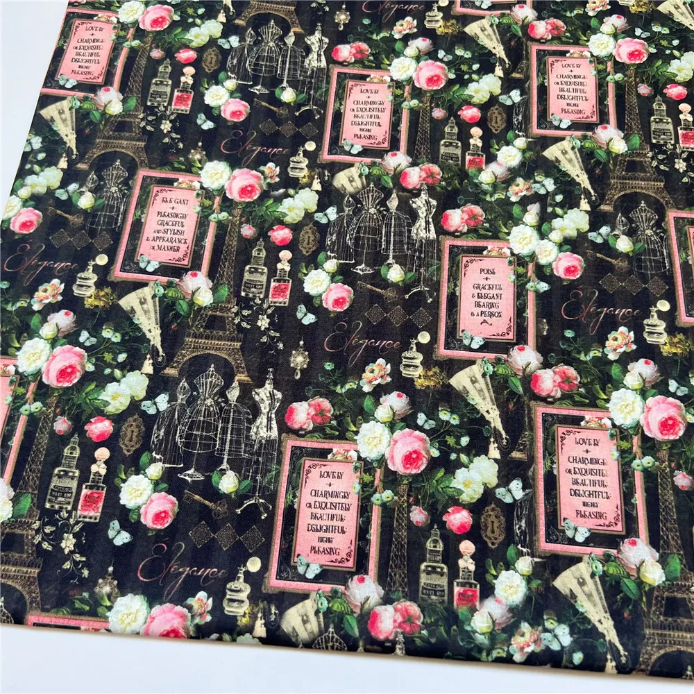 45x145cm Vintage rose Eiffel Tower model 100% Cotton Fabric Vintage Floral Material Patchwork Sewing  Quilt Needlework DIY Cloth