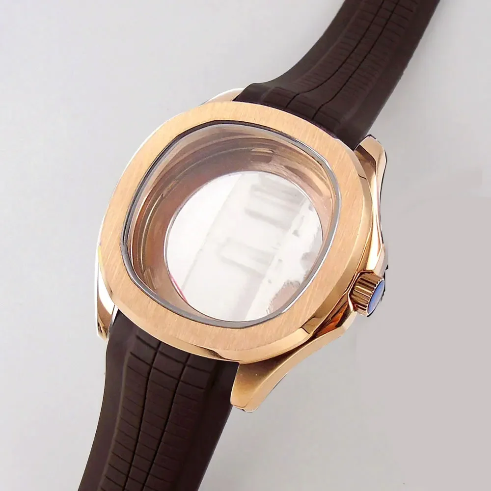 NH35 Case Rose Gold Stainless Steel Case Rubber Strap Glass Back Watch Accessories for AQUANAUT NH36 Movement Replacements