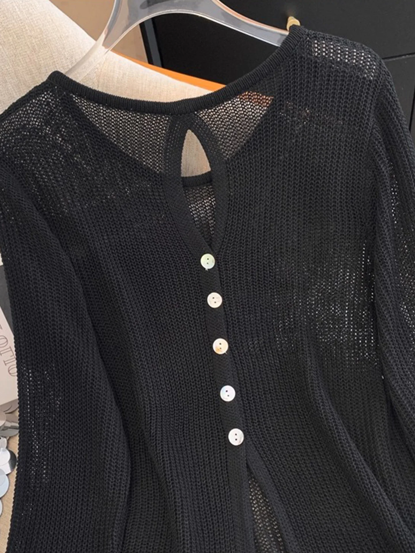 Summer 2025 Loose Hollow out Comfortable Long Sve Ice Silk Knitted Top Simple  Color Base Layer Women's Faion