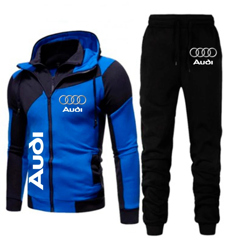 2024 New Autumn Men's Tracksuit Audi Car Logo Print Hoodie Suits Warm Fleece Sweatshirt+Pants Sets Running Audi Sportswear Sets