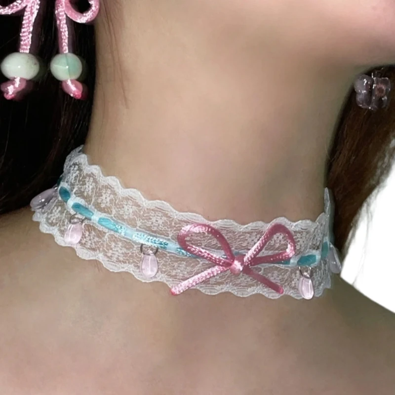 Sophisticated Double Tiered Bows Lace Choker Necklace Fashionable Versatile Use Jewelry in Elegant for Graceful Look