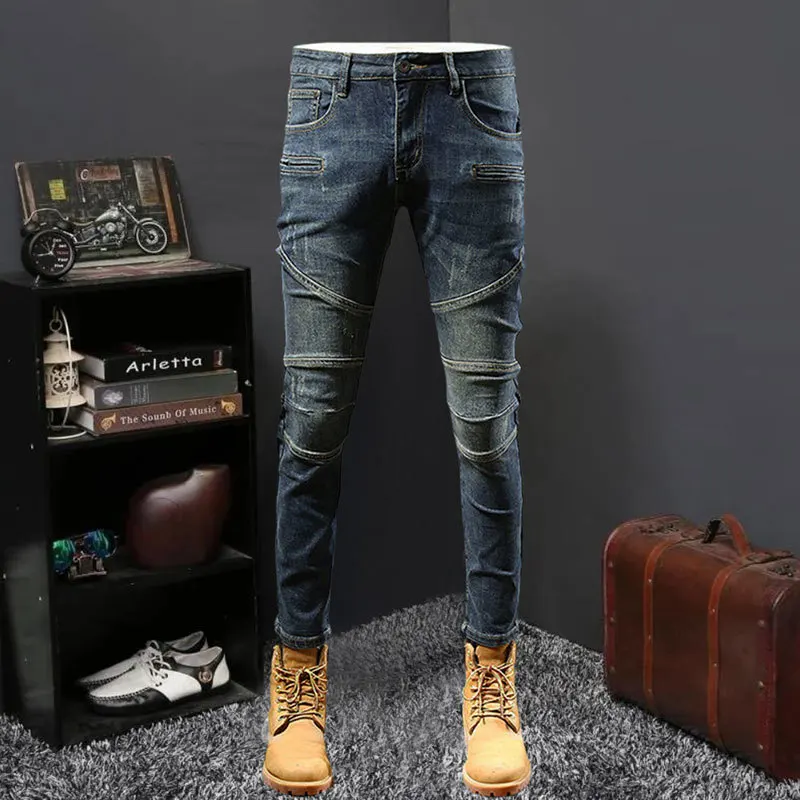 

2023 High Street Punk Rock Brand Jeans High Quality Blue Jean Men Spring Hip Hop Designer Skinny Denim Motorcycle Pants Men