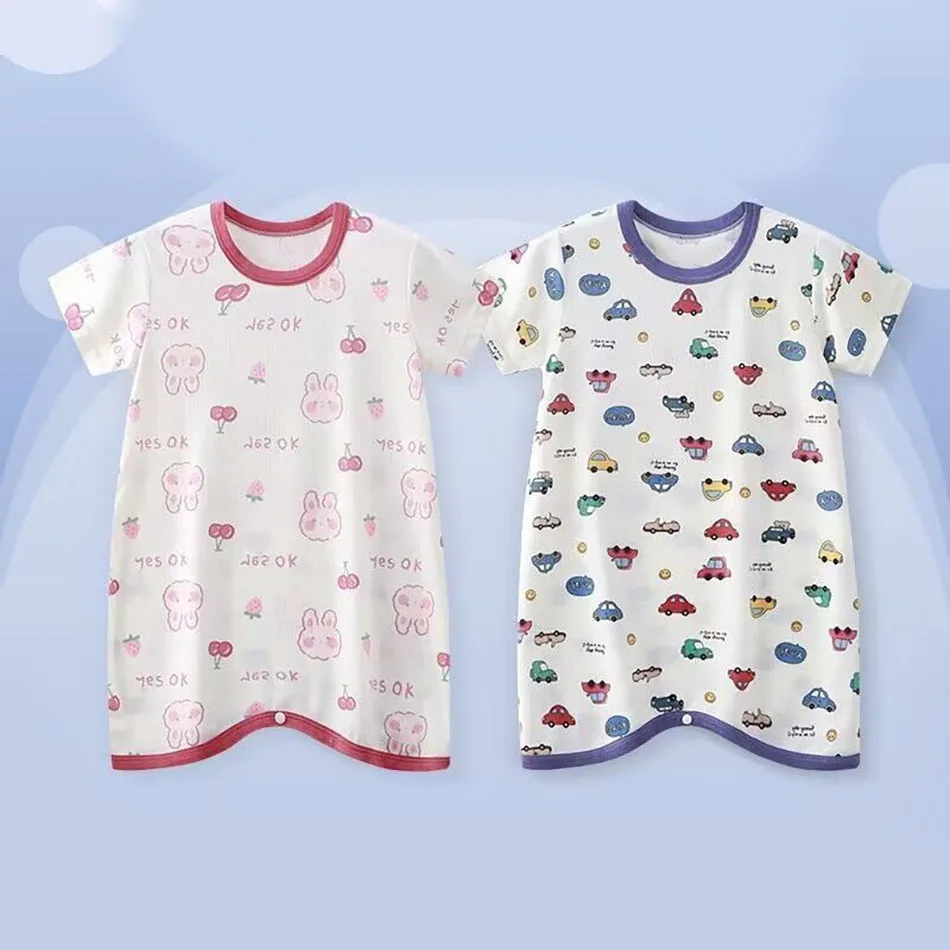 Infant Summer Romper Thin Ice Silk Cartoon Printed Soft Gentle Skin Unisex Kids Anti Kick Sleepwear for Air Conditioned Comfort