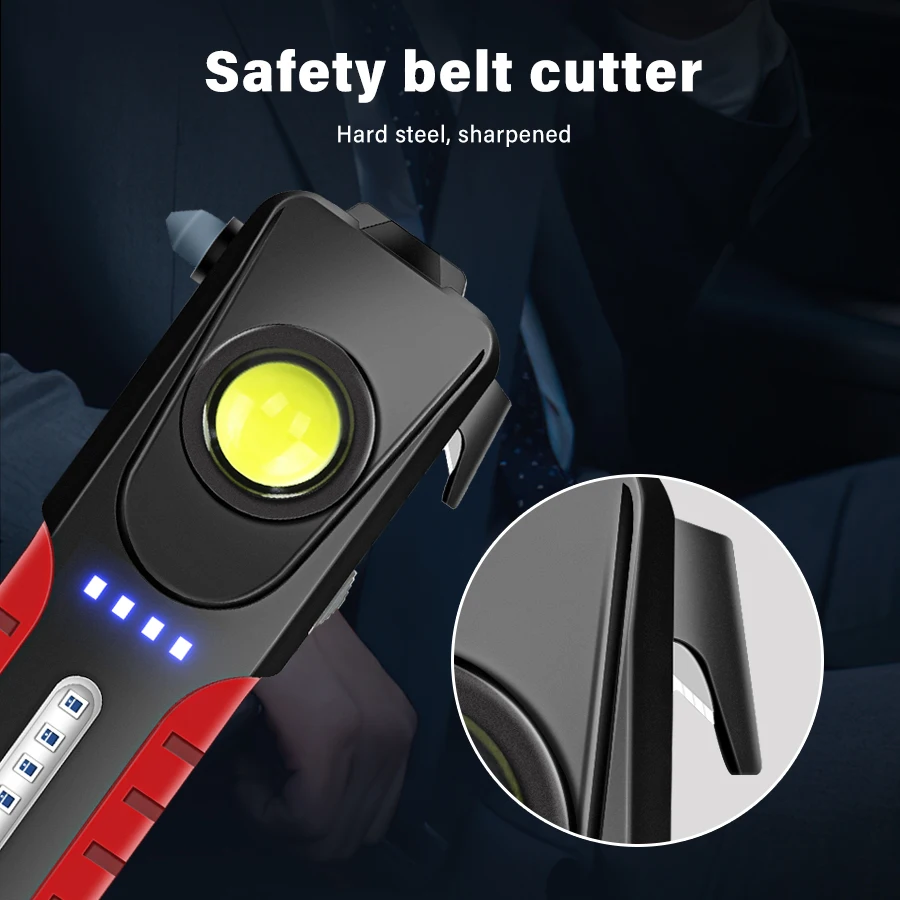 Super Bright LED Flashlight With Side Light USB Rechargeable Multifunctional Flashlight Portable Magnetic Torch Safety Hammer