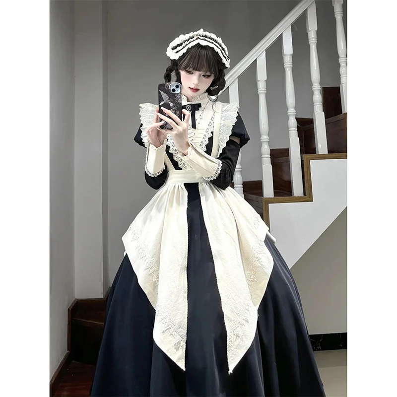 

Lolita Maid Premium Bubble Sleeve Dress Dark Japanese Apron Two Piece Dress Harajuku Y2K Lace Patchwork Cosplay Slim Vestidos