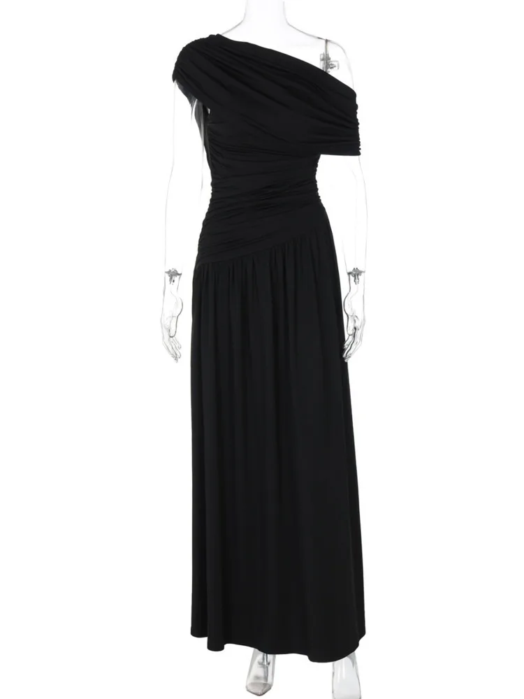 Mozision يميل الكتف عارية الذراعين فستان ماكسي مثير المرأة الصيف موضة جديدة بلا أكمام مطوي Ruched نادي فستان طويل للحفلات