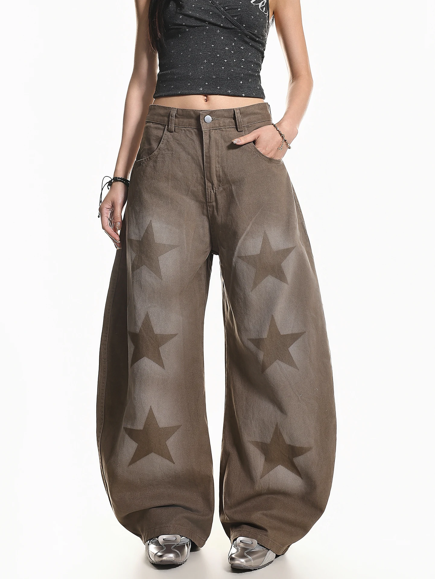 

XPKAEAX American High Street Vintage Washed Star Print Loose Wide Leg Knife Dragging Jeans Women Summer Casual Loose Fit