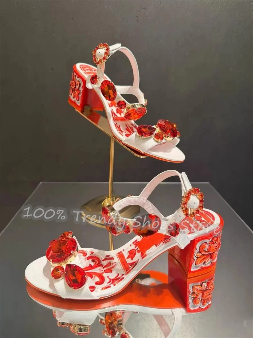 Bohemia Style Gemstone One-Strap Women Sandals Sexy Open Toe Chunky Heel Buckle Strap Pumps Lady Wedding Party Dress Shoes