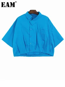 [EAM] Women Blue Pleated Short Big Size Casual Blouse New Lapel Short Sleeve Shirt Fashion Tide Spring Summer 2024 1DH5797