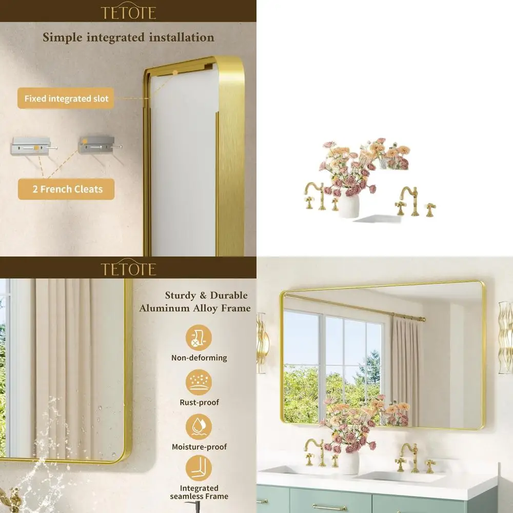 

48 x 30 Wall-Mounted Vanity Mirror with Brushed Gold Frame, Tempered Glass, Modern Farmhouse Style for Home Decor