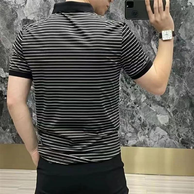스트라이프 반팔 남성 폴로 셔츠, 남성 상의, 의류 버튼 자수 풀오버, 스트리트웨어 패션, 여름 신상, 2023