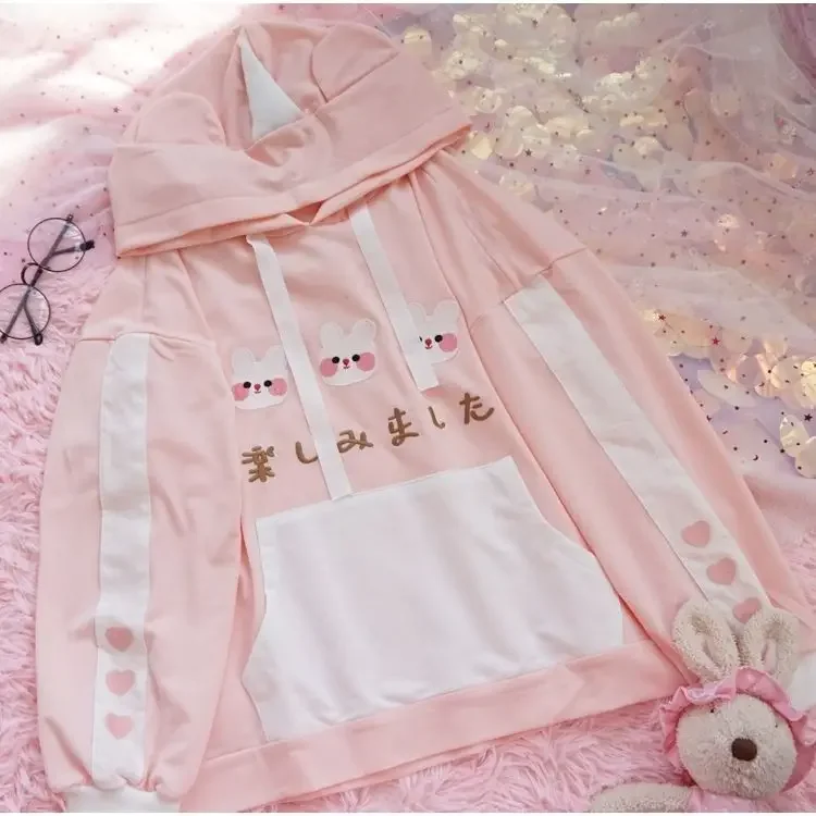 Japanese Cartoon Rabbit Embroidery Cute Pink Hoodies Women Autumn New Sweet Girl Sweatshirt Fairy Pullover Y2k Top Ropa De Mujer