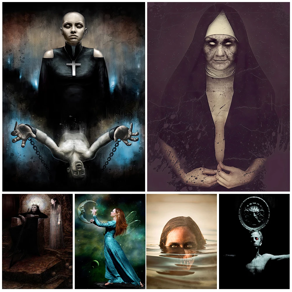 Scary Nun Demon And Female Exorcist Vintage Wall Art Canvas Painting Moon Fairy Art Poster And Print For Living Room Decoration