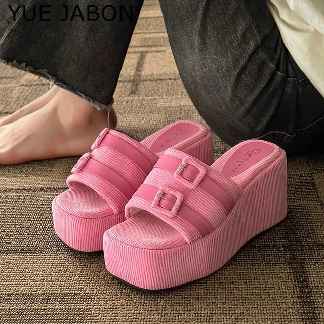 Pink Square Head Platform Slippers Belt Buckles Corduroy Open-toe Women Sandals Summer New Designer Shoes Fashion Wedge Sandals