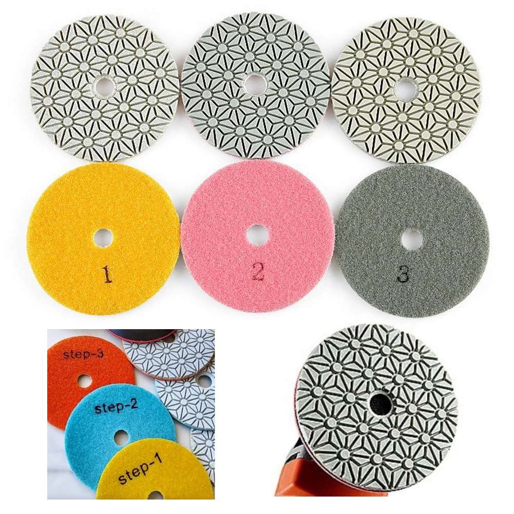 3個セット 4インチ (100mm) ドライ/ウェット ダイヤモンド 3段階研磨パッドセット グリット1グリット2グリット3 花崗岩 コンクリート 大理石研磨ツール用